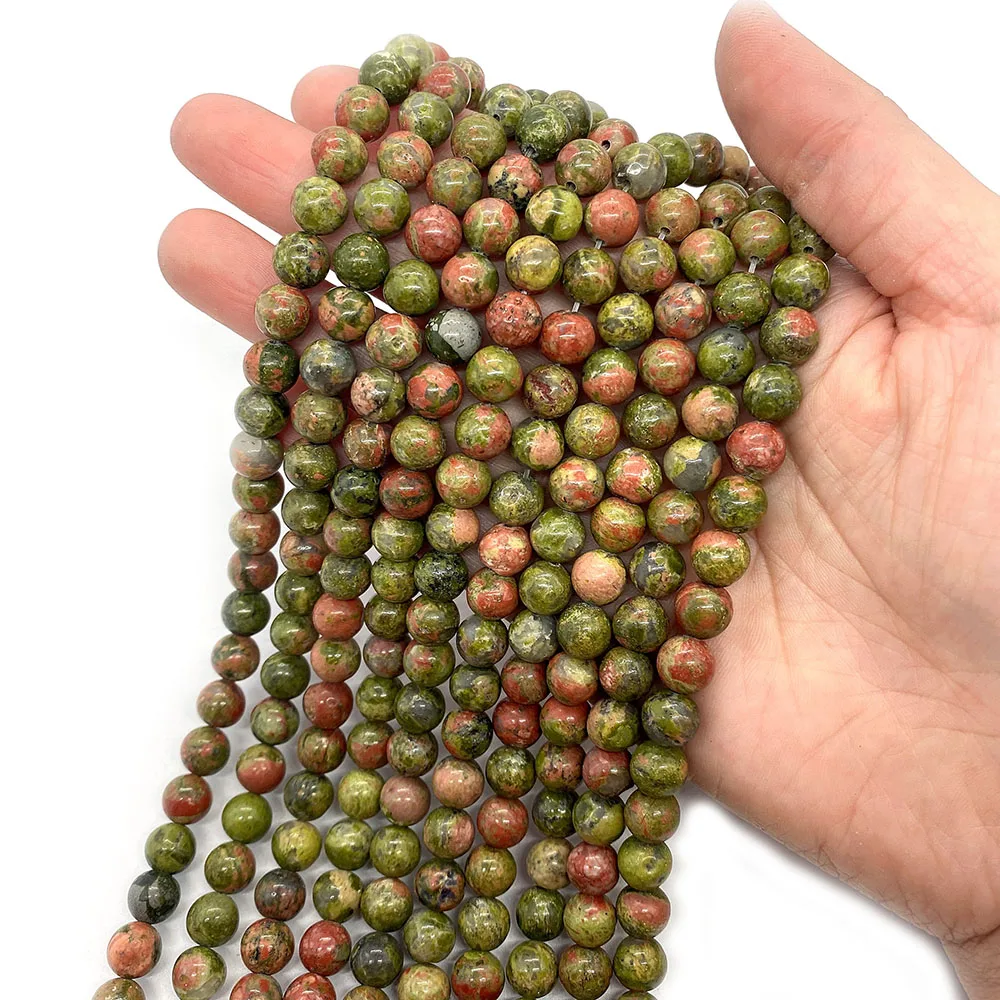 Фото Бусины из натурального камня Unakite, 1 нить, 6/8/10 мм, круглые полированные свободные бусины, аксессуар для самостоятельного изготовления ожерелья, браслета, ювелирных изделий №5