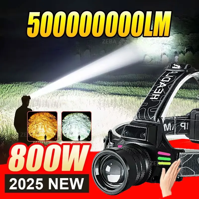 5000000 LM Мощный налобный фонарь 800 Вт Светодиодный сенсорный налобный фонарь дальнего действия высокой мощности с желтым светом Налобный фонарь для рыбалки