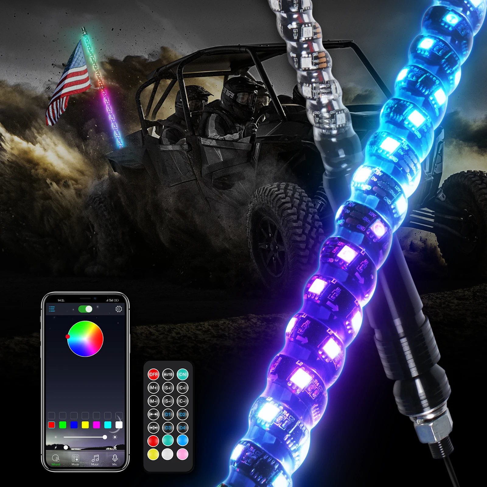 Bevinsee 3FT 4FT 5FT 6FT светодиодный Whip Light антенна спиральная атмосферная декоративная лампа APP дистанционное управление флагшток кнут для ATV UTV