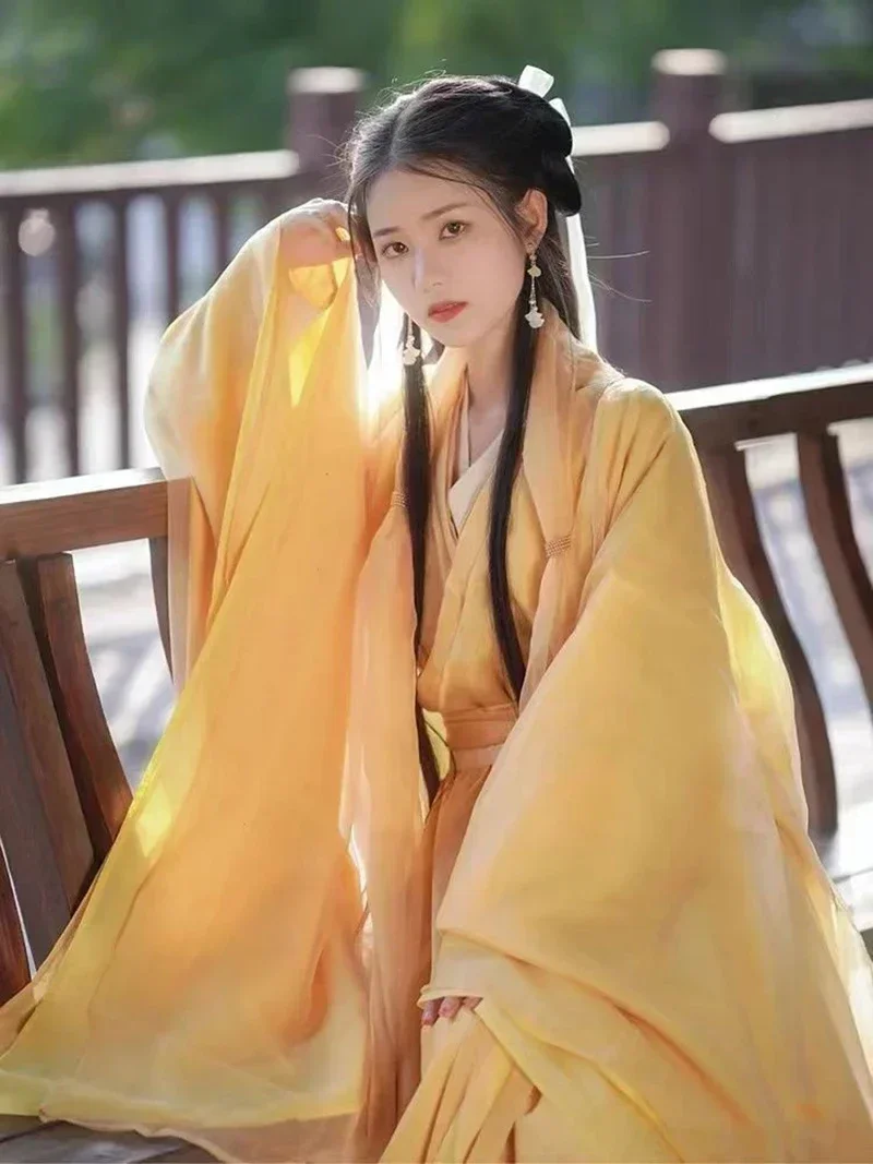 Фото Женское платье Hanfu, карнавальный костюм для косплея, китайское сценическое танцевальное платье, традиционное желтое платье Hanfu, раньше XL №2