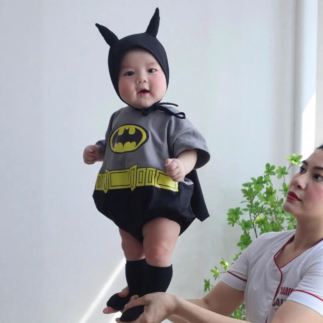 Южнокорейский комплект детской одежды Ins Super Hero, лето 2022, комбинезон для мальчиков и девочек, наряд для новорожденных, 100% хлопок со шляпой Одежда для малышей