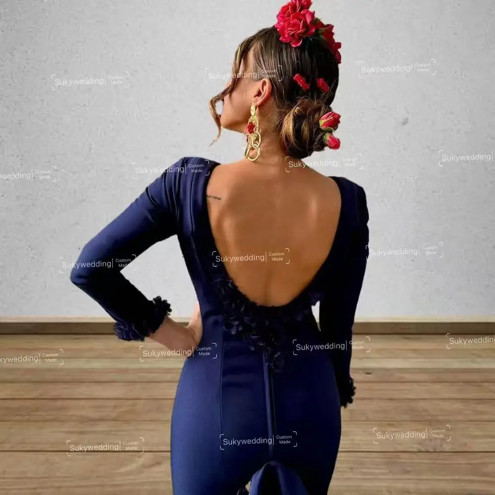 Фото Сексуальные темно-синие вечерние платья Flamenca 2025 юбка-годе с длинным рукавом и оборками в несколько рядов официальная женская одежда на заказ №2