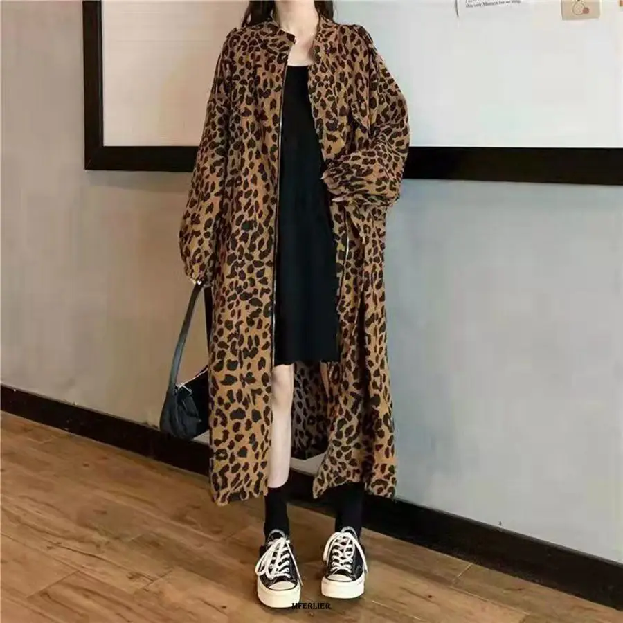 Женский тренчкот размера плюс 6XL 150 кг, Весенняя Повседневная Женская Длинная Верхняя одежда с леопардовым принтом, свободный тренчкот, уличная одежда с карманами, пальто