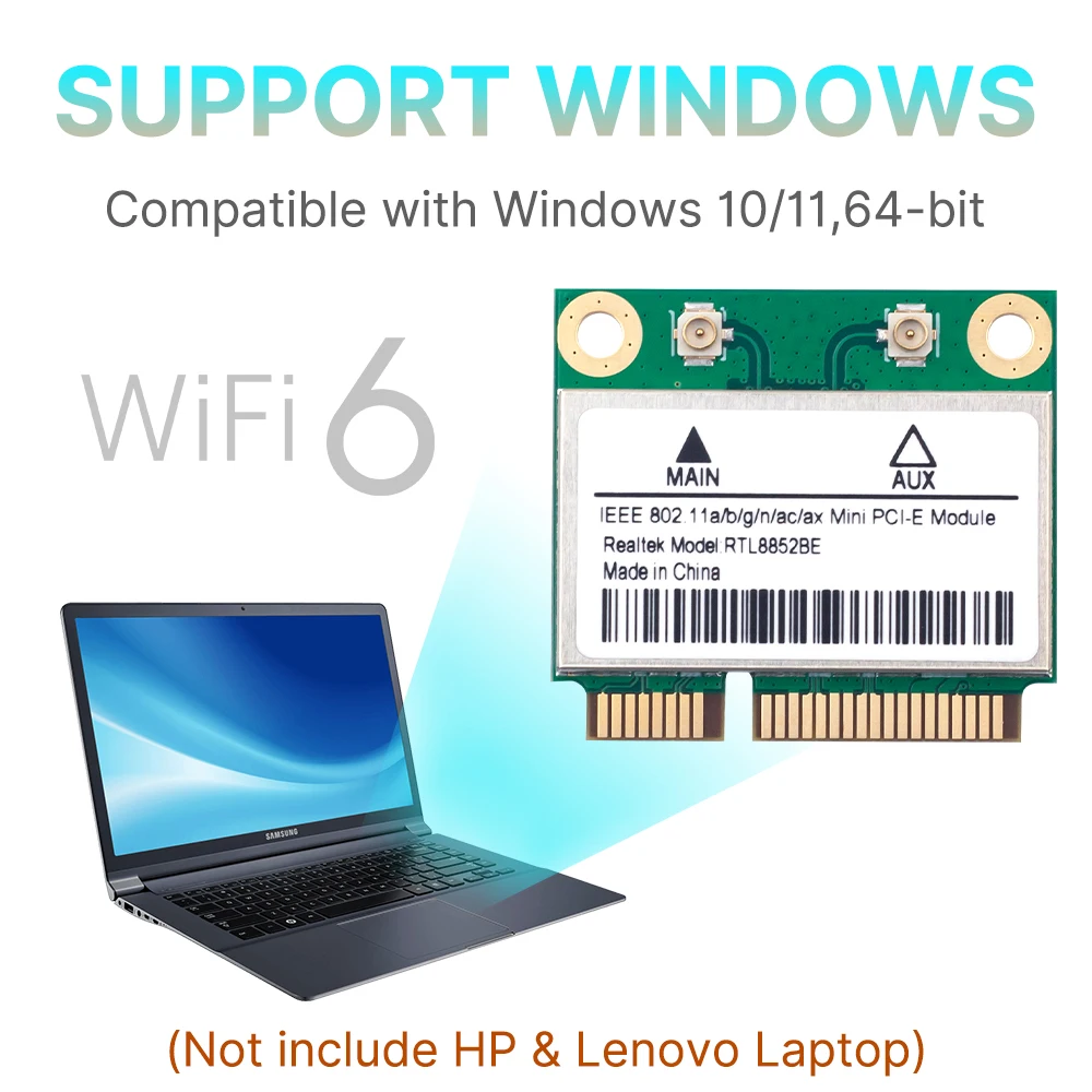 Фото Сетевая карта fenvi WiFi 6 RTL8852BE Mini PCI-E Blue-tooth 5,2 AX1800, двухдиапазонный беспроводной адаптер Wlan 2,4G/5 ГГц для Windows 10/11 №5