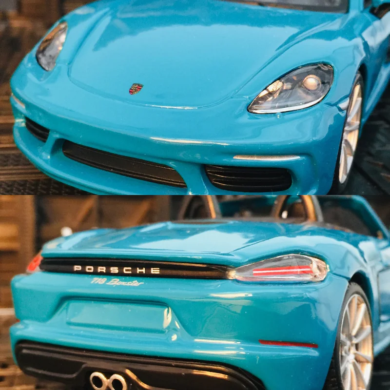 Фото Bburago 1:24 Porsche 718, модель автомобиля из сплава, статические украшения, переднее колесо, рулевая связь, игрушка, трансформируемая двухдверная игрушка на день рождения №4