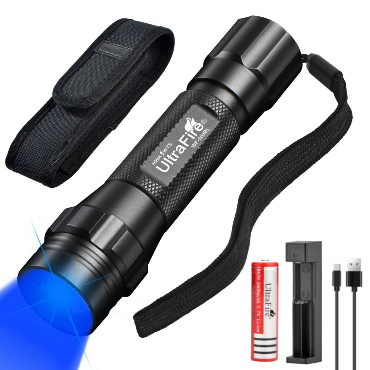 Тактический охотничий фонарик UltraFire WF-508BL, 450-460 нм, масштабируемый синий свет, водонепроницаемые светодиодные лампы