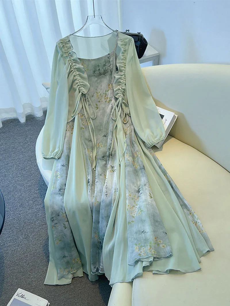 150Kg Plus Size Women's Bust 150 Summer Loose Chinese Style Camisole Dress Cardigan Shawl Green Set 5XL 6XL 7XL 8XL 9XL