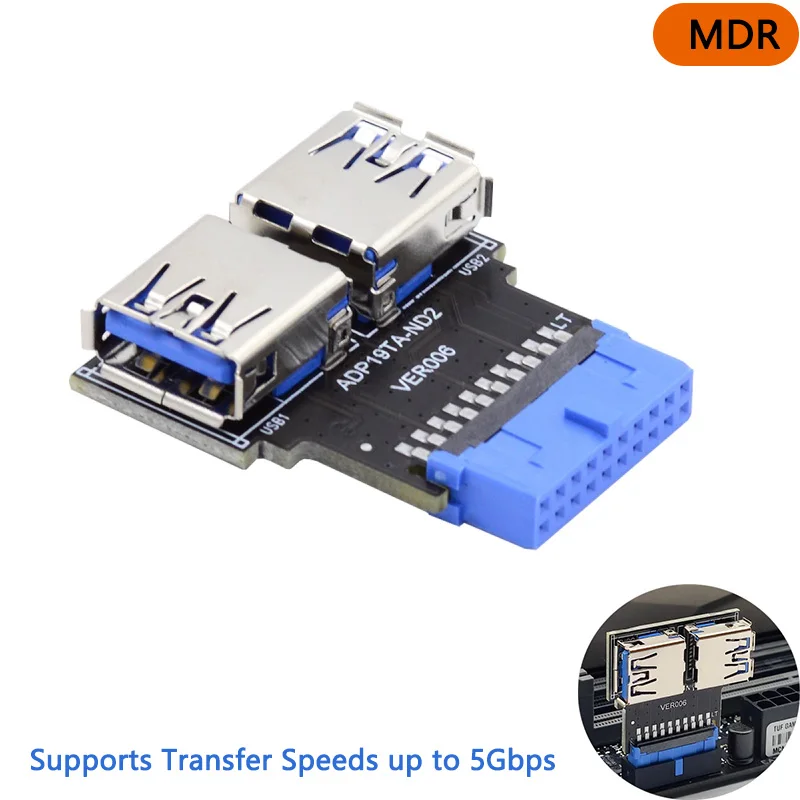 MDR 20/19 Pin Материнская плата с двумя USB 3,0 типа A адаптер разъем коробка заголовок слот адаптер 5 Гбит/с горизонтального типа PCBA