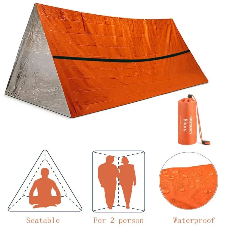 2-местное аварийное укрытие Bivy, комплект палатки для выживания, майларовая трубка, палатка, спальный мешок, водонепроницаемое уличное термоодеяло SOS, многоразовое