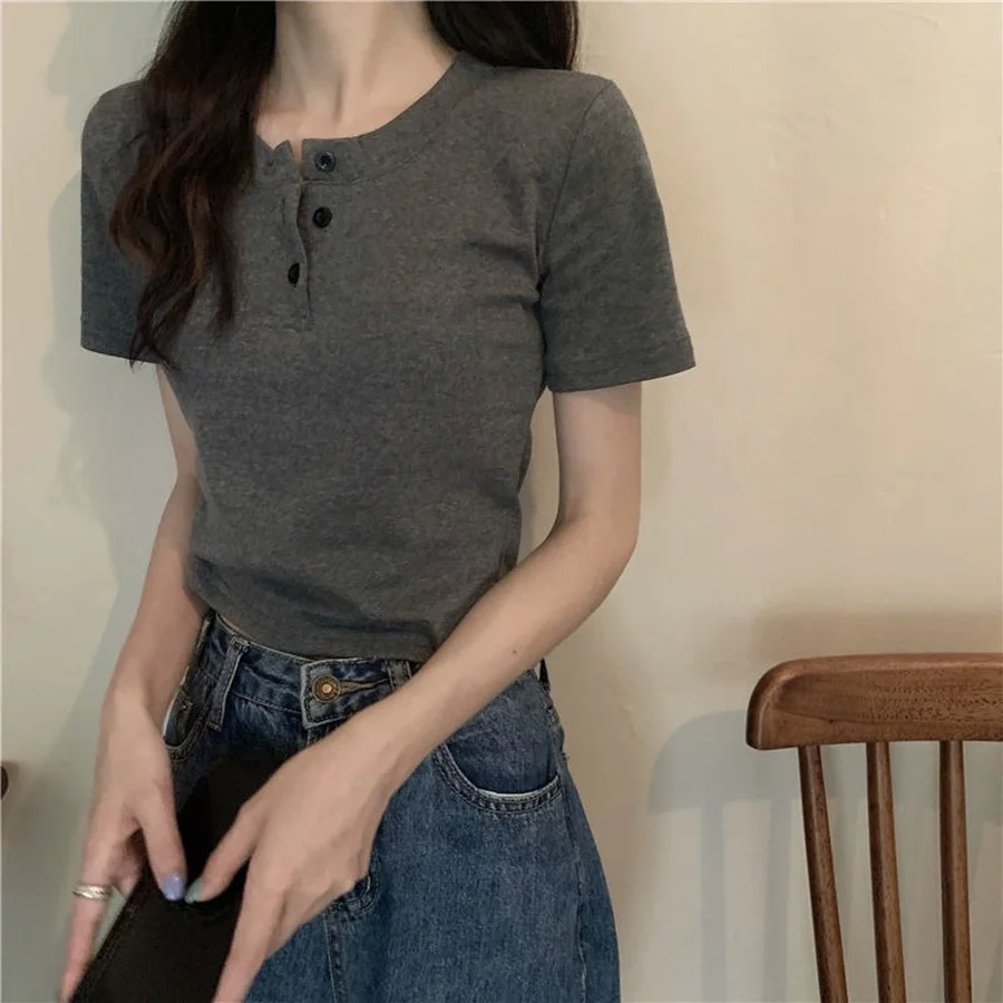 Фото Женская футболка Terbuka Atasan Potong Pendek Baju Wanita 2022, плотная футболка №3