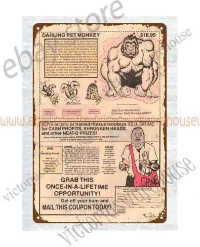 1p, настенное искусство 1980-х годов Comic Ad Darling Pet Monkey, Grime Grit Газета металлическая жестяная вывеска