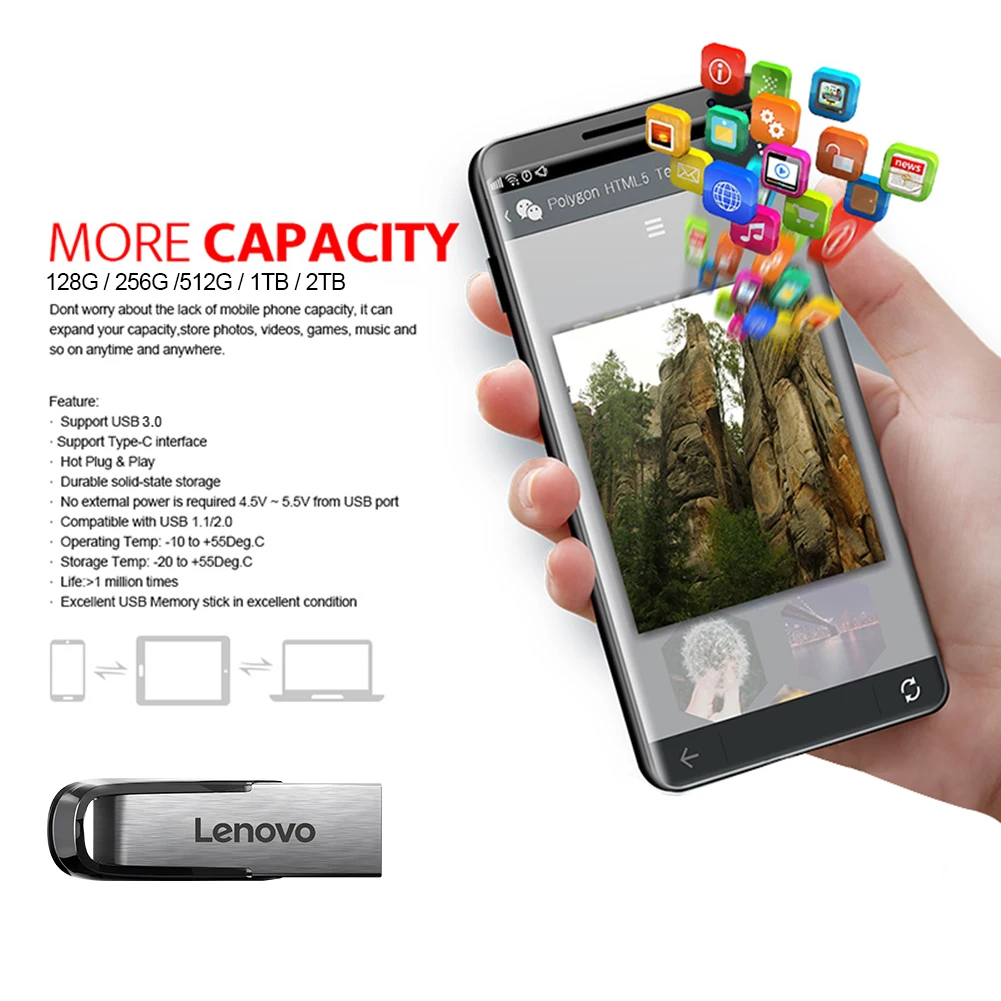 Фото Новые флэш-накопители Lenovo USB 2 ТБ 1 ТБ флэш-накопитель USB 3.0, высокоскоростной флэш-накопитель 512 ГБ, 256 ГБ, микрофлэш-накопитель 128 ГБ для ноутбука/планшета №4