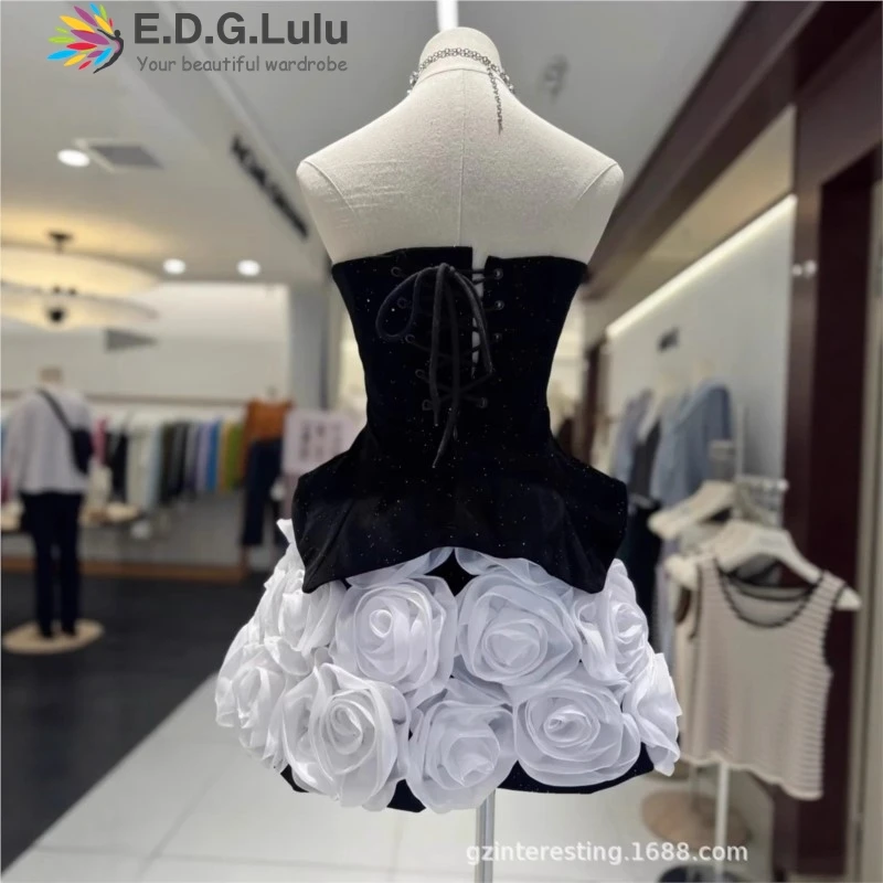 Фото EDGLuLu Design Splice Трехмерные цветы Свадебные платья для гостей Стильное мини-платье без рукавов с открытой спиной и без бретелек 0915 №3