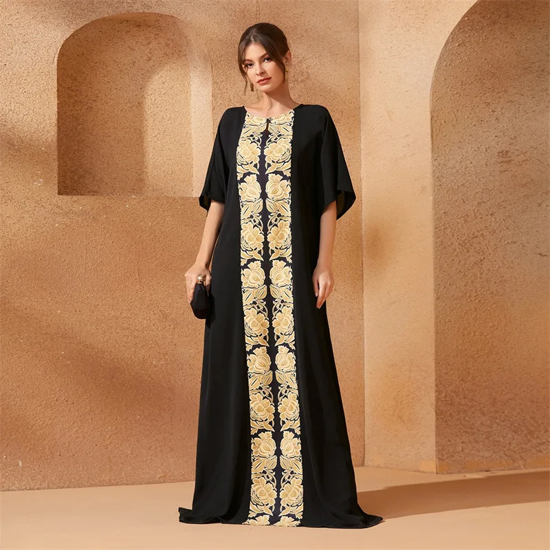 Фото Abaya для женщин Рамадан арабское турецкое длинное платье Золотой принт черное платье средней длины с длинным рукавом Круглый вырез Дубай гурбан морроккан кафтан №1