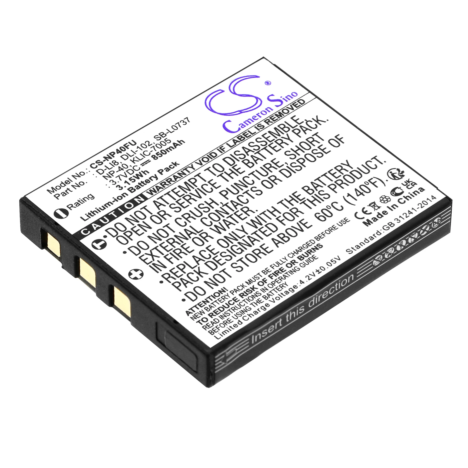 Аккумулятор для камеры FinePix DLI-102,NP-40,NP-40N,KLIC-7005,AK01,P42005,D-LI8,D-Li85,SB-L0737,SLB-0737,WGL-0101,850 мАч / 3,15 Втч