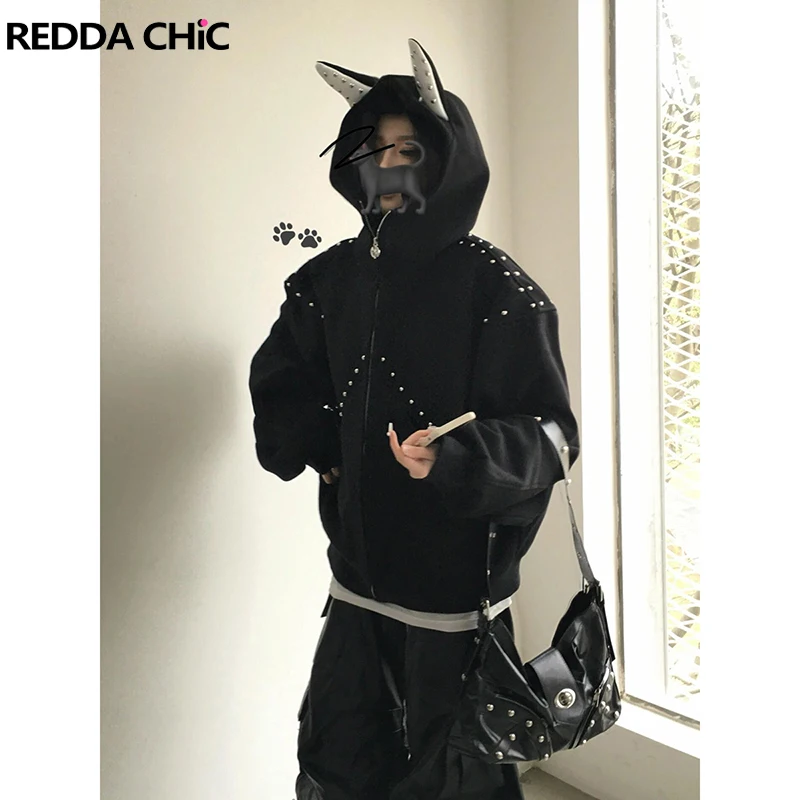 ReddaChic модные женские толстовки на молнии куртка с рогами и карманами в стиле хип-хоп с шипами негабаритный топ повседневная осенняя новая уличная одежда