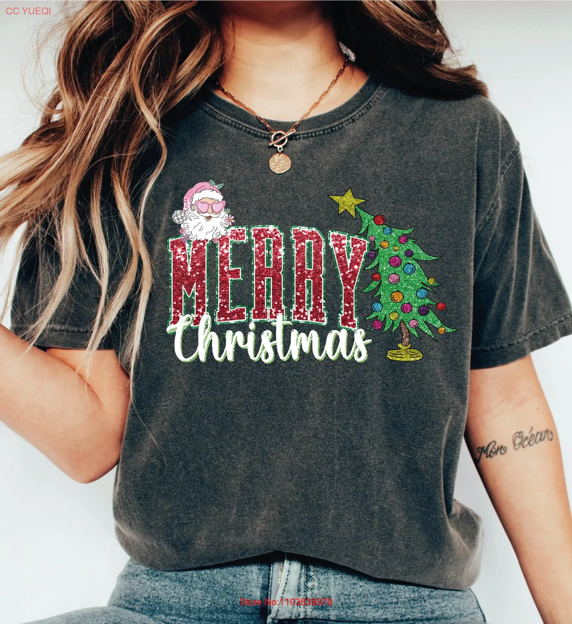 Merry Christmas Tree T Shirt Pink Santa Claus Glitter EffecT Xmas Family Vacation OF812 long or short sleeves