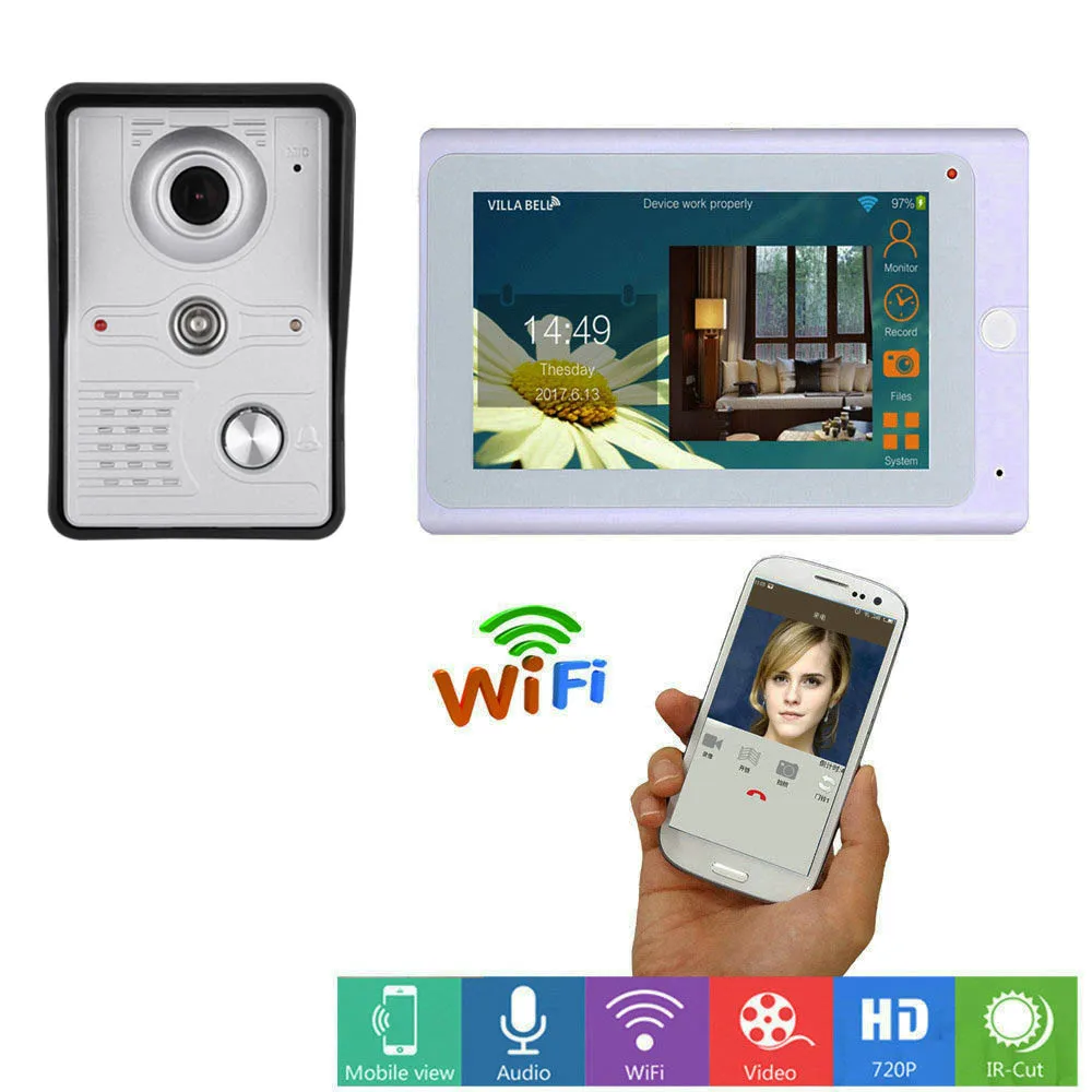 7-дюймовый беспроводной Wi-Fi Smart IP-видеодомофон, домофонная система с проводной камерой дверного звонка 1x1200TVL, поддержка удаленной разблокировки