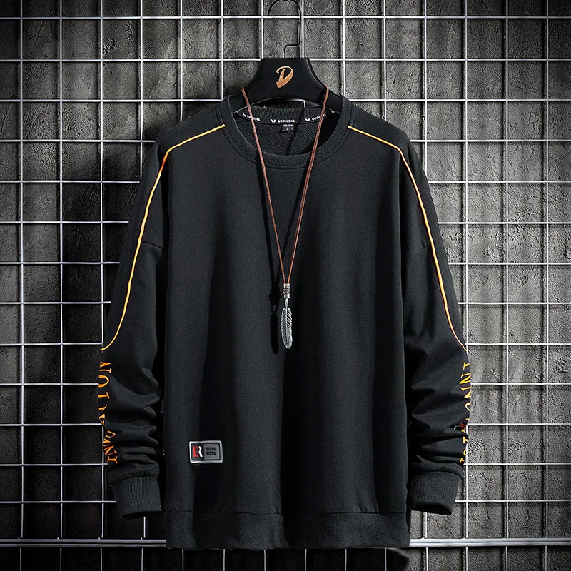 Фото Свитшот Crewneck для мужчин, модель 2022 года, Весенняя Черная Толстовка большого размера с полосками по бокам, мужские свитшоты, стандартный размер №1
