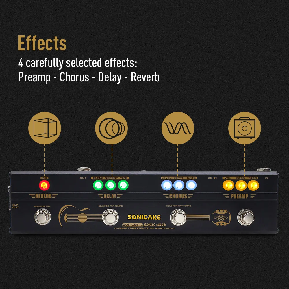 SONICAKE Sonic Wood Acoustic Guitar Preamp DI Box Multi Effects Chorus Delay Педаль реверберации с выходом XLR QCE-50 Электроника