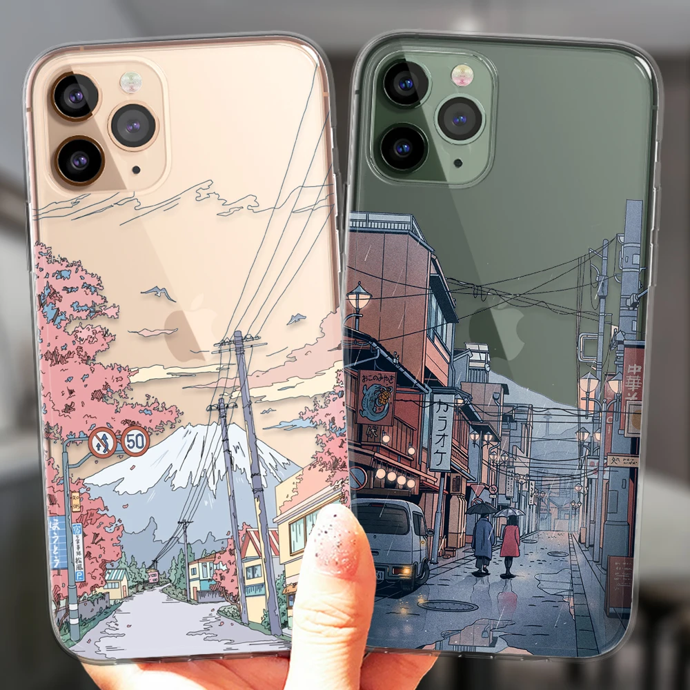 Прозрачный чехол для iPhone 14 11 12 13 Pro Max Mini 14Plus 14ProMax, Модный популярный силиконовый чехол с японским и корейским пейзажем заката