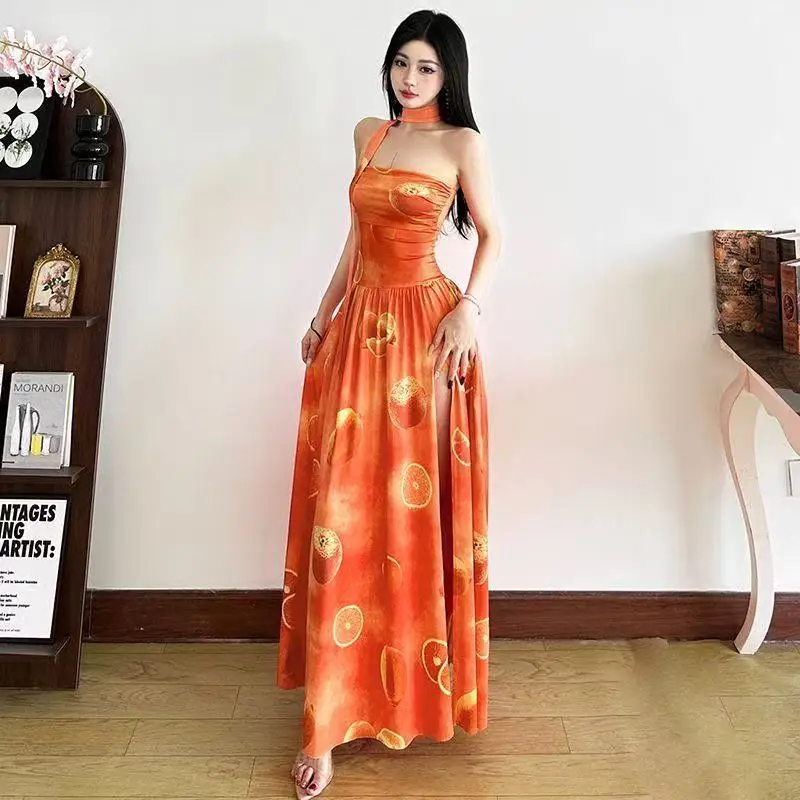 Vestido de Festa Tropical Alaranjado - Tomara-Que-Caia Com Fenda Alta e Cintura Marcada, Longo Sexy para Praia e Verão 2024 f143
