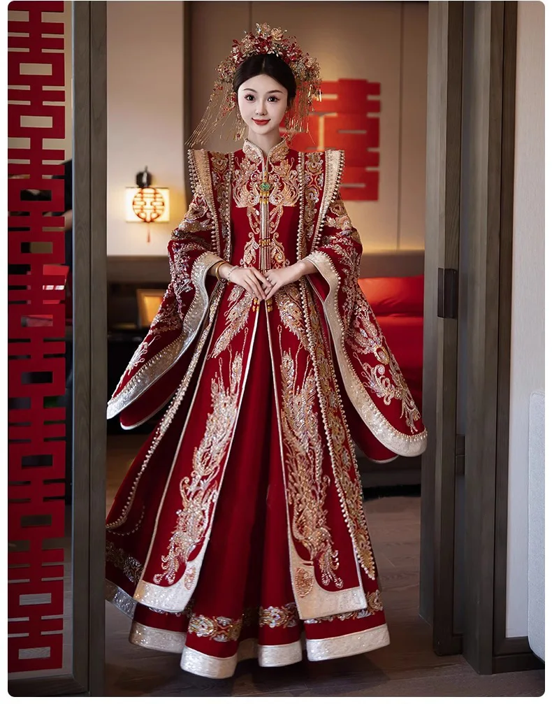 Фото Китайское свадебное платье для невесты Qipao традиционная классика костюм Тан ханьфу Изысканная вышитая бисером свадебный костюм №4