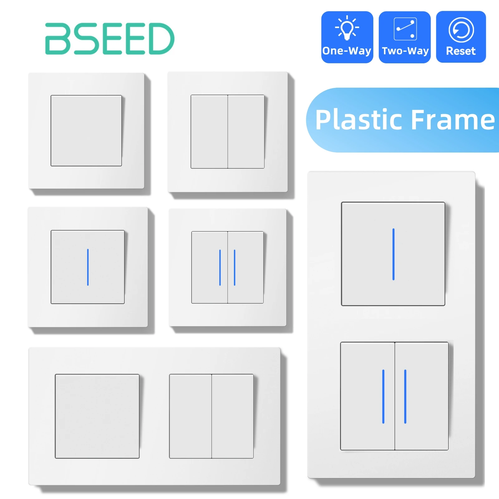 Переключатель BSEED, выключатель света со светодиодной белой пластиковой рамкой, настенный выключатель с индикаторной лампой, серия E, стандарт ЕС, 1/2 направления/сброс