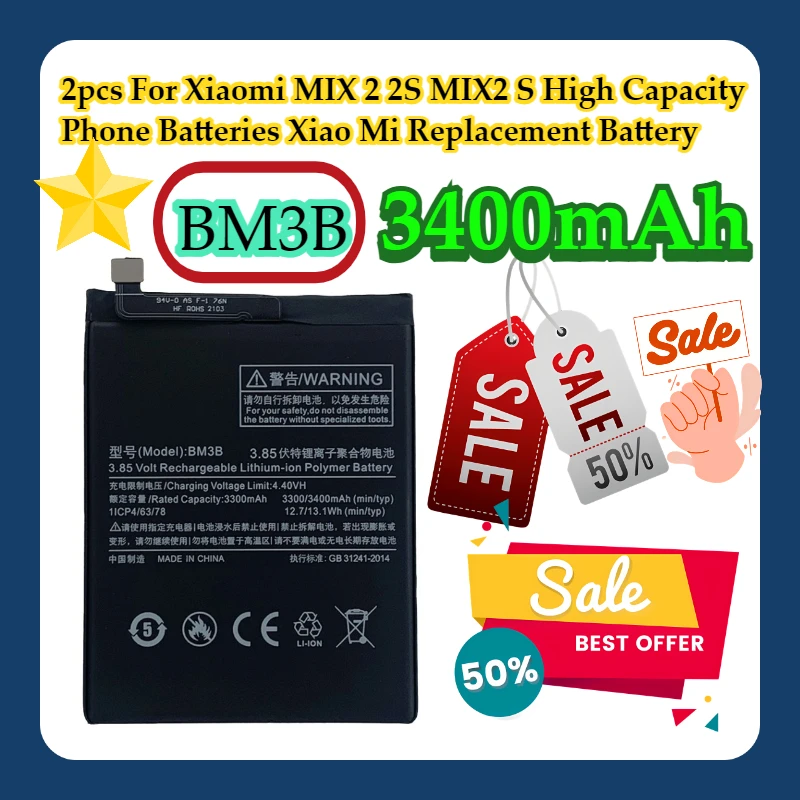 2 шт. для Xiaomi MIX 2 2S MIX2 S 3400 мАч аккумуляторы для телефона большой емкости Xiao Mi сменный аккумулятор BM3B