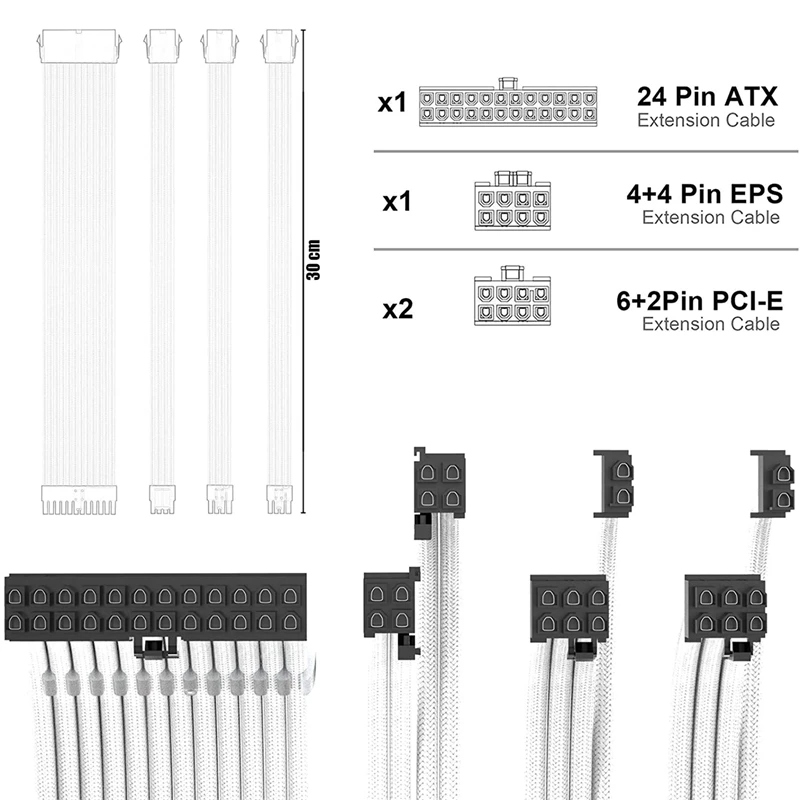 Комплект удлинителей кабеля PSU, 30 см, с гребнями для кабеля питания, 24 контакта, 8 контактов (4 + 4), 8 контактов (6P + 2P) для питания ATX
