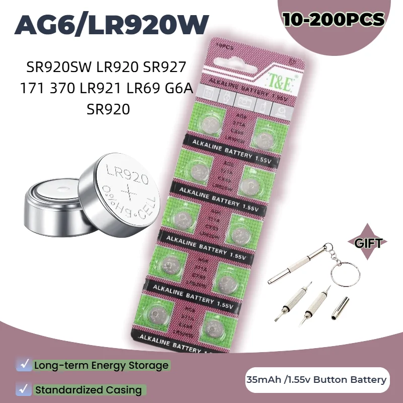 1,55 В AG6 LR920 171 371 370 LR69 LR921 G6A SR920 Батарейки-таблетки для часов Toys Remote SR920SW AG 6-элементная щелочная батарея с монетами