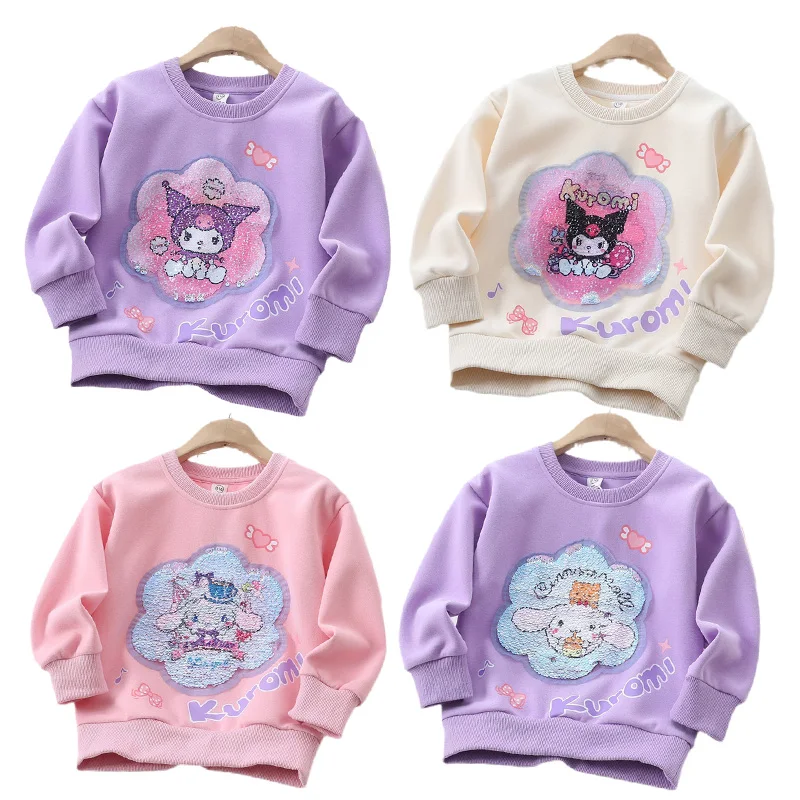 Осенняя детская одежда Kawaii аниме Sanrios MyMelody Cinnamoroll Kuromi вышитый блестками свитер детский топ с круглым вырезом