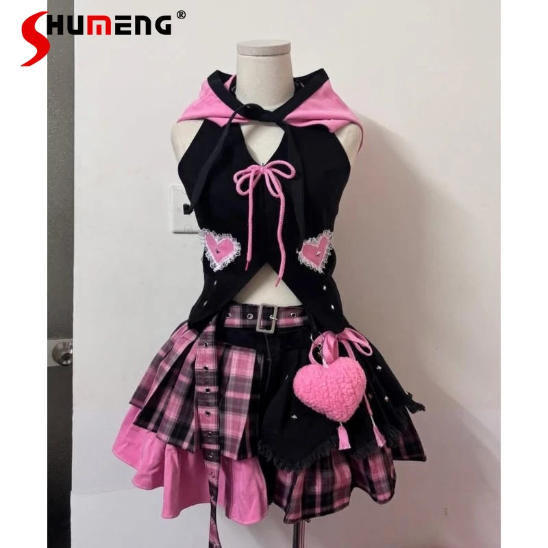 Harajuku Aesthetic Y2k Комплект юбки Лето Новый Милый Крутой Топ с капюшоном Мини-юбка Комплект из 2 предметов Панк Сексуальные Горячие девушки Jk Уличная одежда