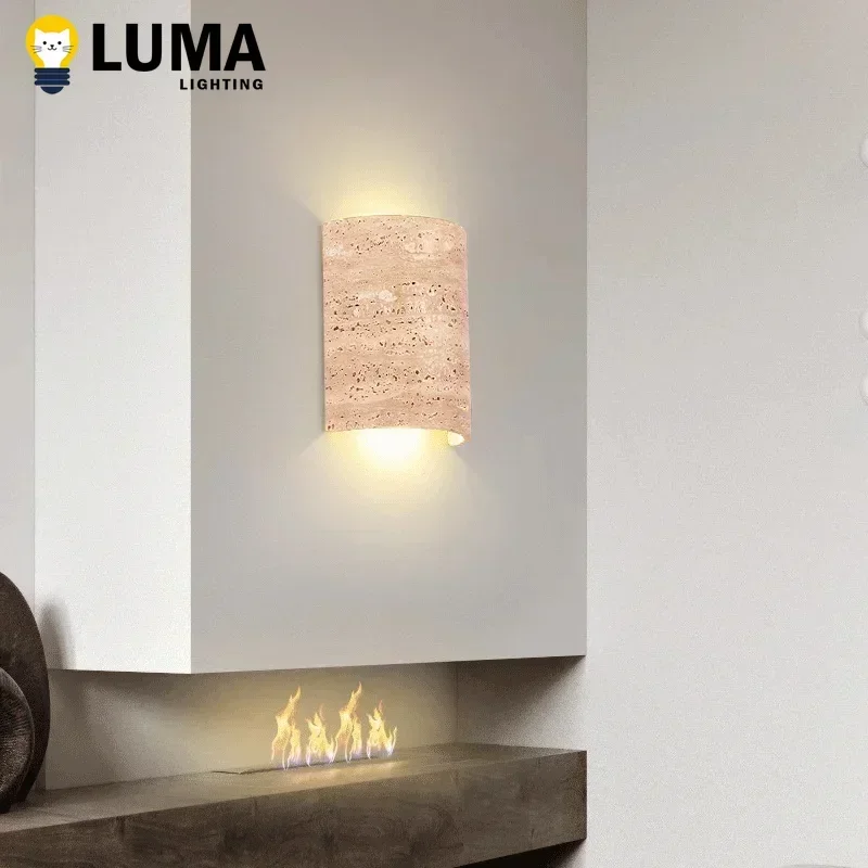 Фото 2025 Luma Wabi-sabi Style Желтая травертинная настенная лампа Настенное бра из натурального камня для спальни Домашний декор Открытый двор Светодиодный светильник №2