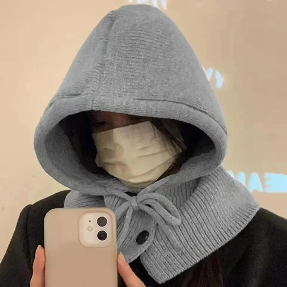 Фото Gorros de pasamontañas con capucha de punto Unisex para mujer, gorro con cordón más cálido, cuello de una pieza, Invierno №2