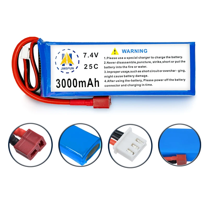 JiKeFun Аккумулятор для машин на радиоуправлении 7,4 V 3000mAh 25C Plug/T для WLtoys 1/12 1/14 124007 124017 124019 124016 144001 144010