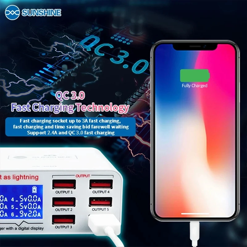Фото SS-304Q SS-304D RELIFE 6 Port USB Tampilan Digital Pengisi Daya Kilat IPhone Samsung Huawei MI Vivo OOP Datar №4