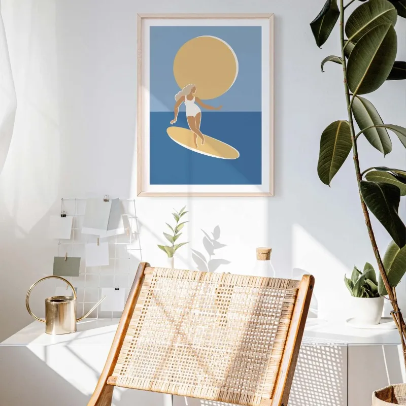 Фото Стильный минимализм Surf Art Плакат девушки-серферы с доской для серфинга Пляжный океанский принт для модного пляжного декора дома Настенное искусство для серфинга №4