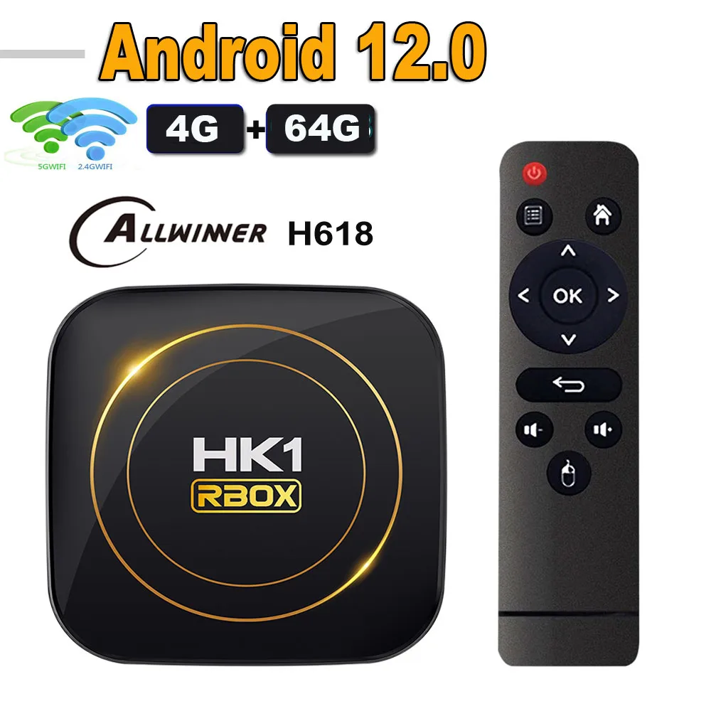 Hk1 Rbox H8s Тв-набор Топ-приставка Android 12 4k Четырехъядерный Процессор Allwinner H618 2 Гб/4 Гб Озу 16 Гб/32 Гб/64 Гб Bt...