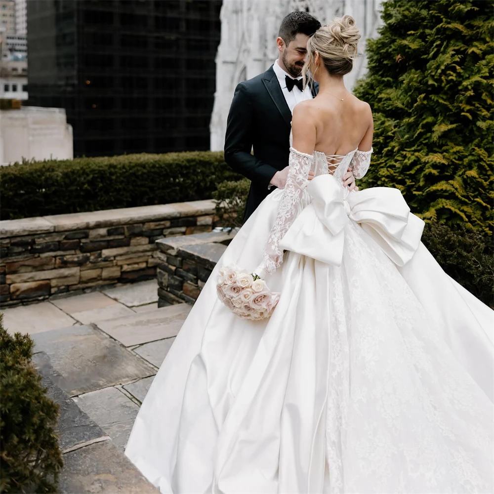 Фото 20127 #   Кружевное свадебное платье без бретелек с жемчугом для невесты, элегантное атласное свадебное бальное платье со спинкой и бантом, 2024, по индивидуальному заказу №3