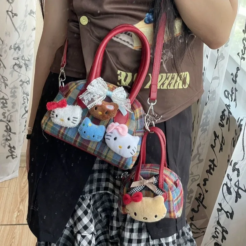 Клетчатые винтажные сумочки Xiuya для женщин, милая сумка на плечо Hello Kitty Y2k с милым бантом, Повседневная модная женская сумка через плечо в стиле Харадзюку