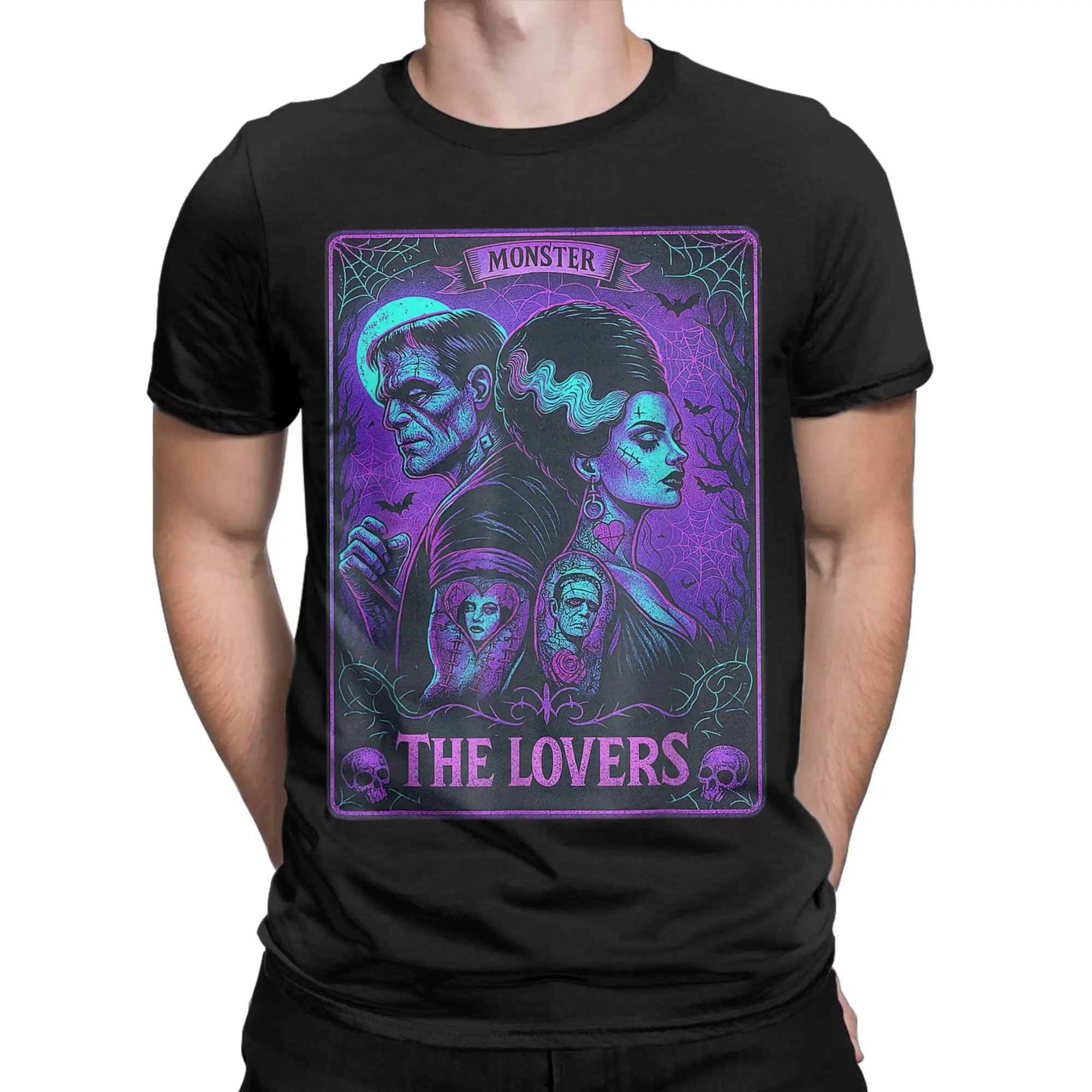 Фото Футболка с изображением монстра Франкенштейна и невесты The Lovers, винтажные футболки из чистого хлопка, летние футболки с круглым вырезом, топы большого размера №2