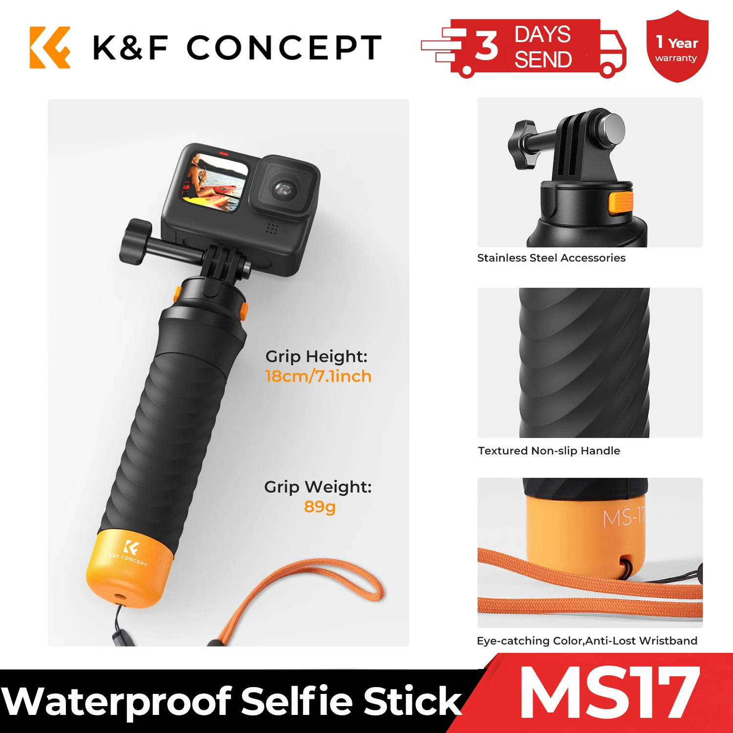 Водонепроницаемая плавающая ручка K&F Concept для GoPro Hero 13 12 11 10 9, черный DJI Osmo Action 5 Pro/4/3/2, ручка экшн-камеры