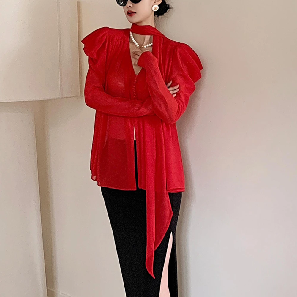 Фото TWOTWINSTYLE однотонная дизайнерская утягивающая шикарная блузка для женщин с v-образным вырезом и длинными рукавами в стиле пэчворк, элегантные рубашки на шнуровке, женская мода №3
