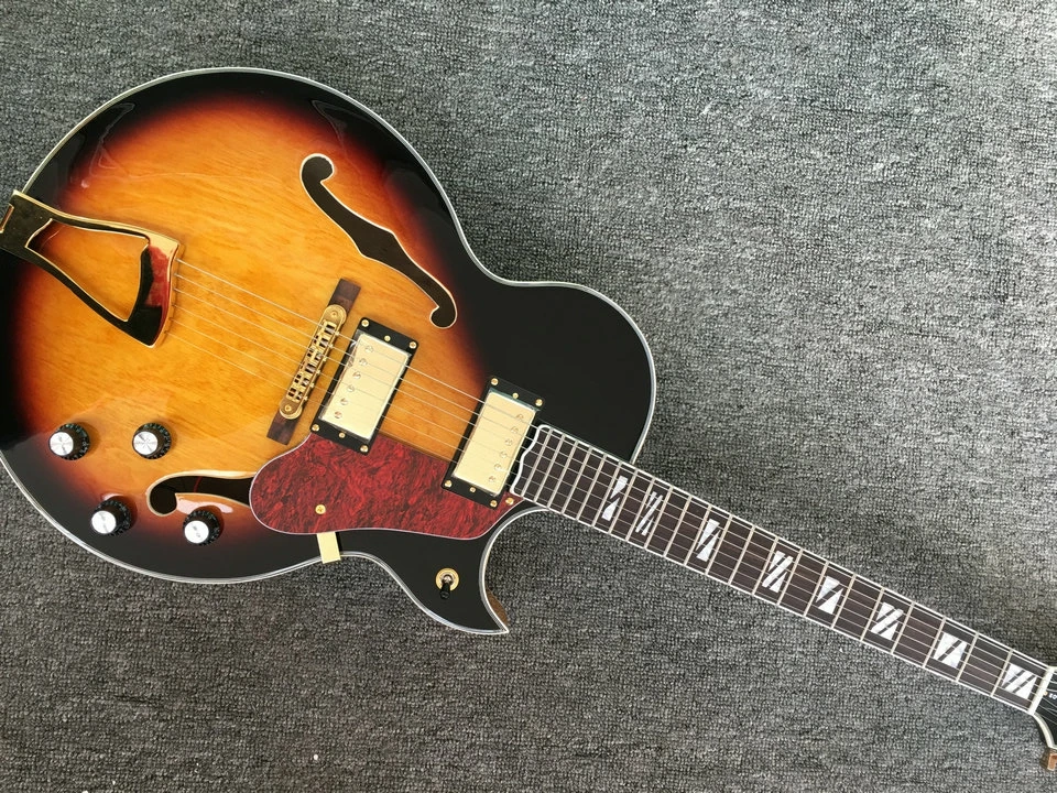 Электрическая гитара, цветная гитара jazz F с отверстием sunburst, 6-струнная гриф из палисандра, золотые аксессуары, 2 пикапа, джазовая гитара
