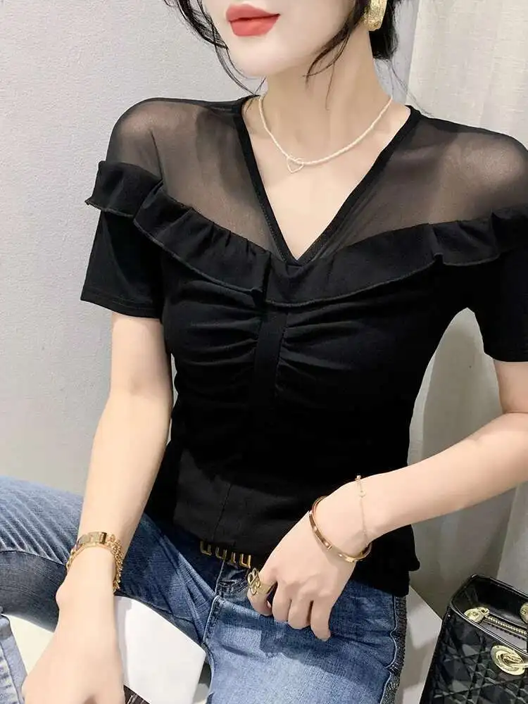 # 5627 Черная, красная, фиолетовая сексуальная футболка с коротким рукавом, женская облегающая футболка с разрезом и оборками, женская футболка с v-образным вырезом, летняя (art.: 3920cdbe40bc4) - 3920cdbe40bc4