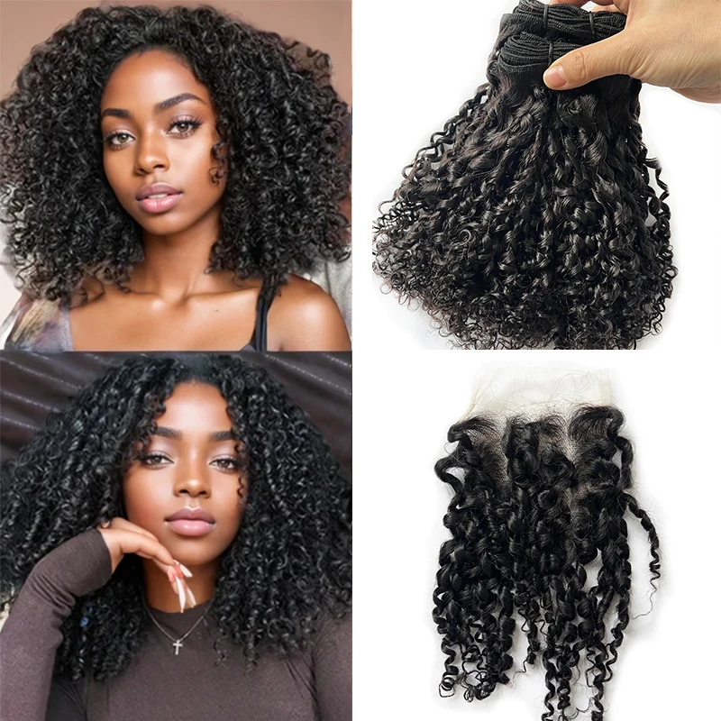 Brazilian Human Hair Pixie Curl Bundles With Closure Ombre Curly Hair 3/4 Bundles With 4x4 Lace Closure 70g/pc Hair Extensions