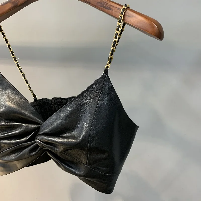 Фото High Street осенние майки из овечьей кожи, женские металлические майки с большим бантом, черные облегающие повседневные майки из овчины, топы №3