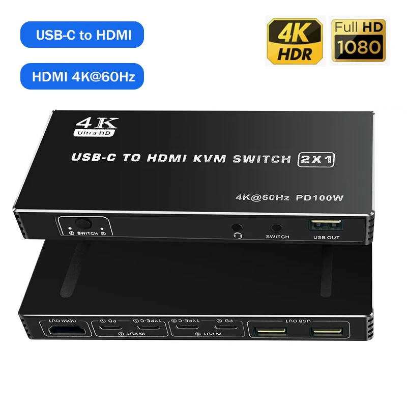 KVM-переключатель USB C 2 в 1, KVM-переключатель 2x1 с выходом 4K, Type-C, HDMI, с настольным контроллером для двух ПК, клавиатуры, мыши, монитора