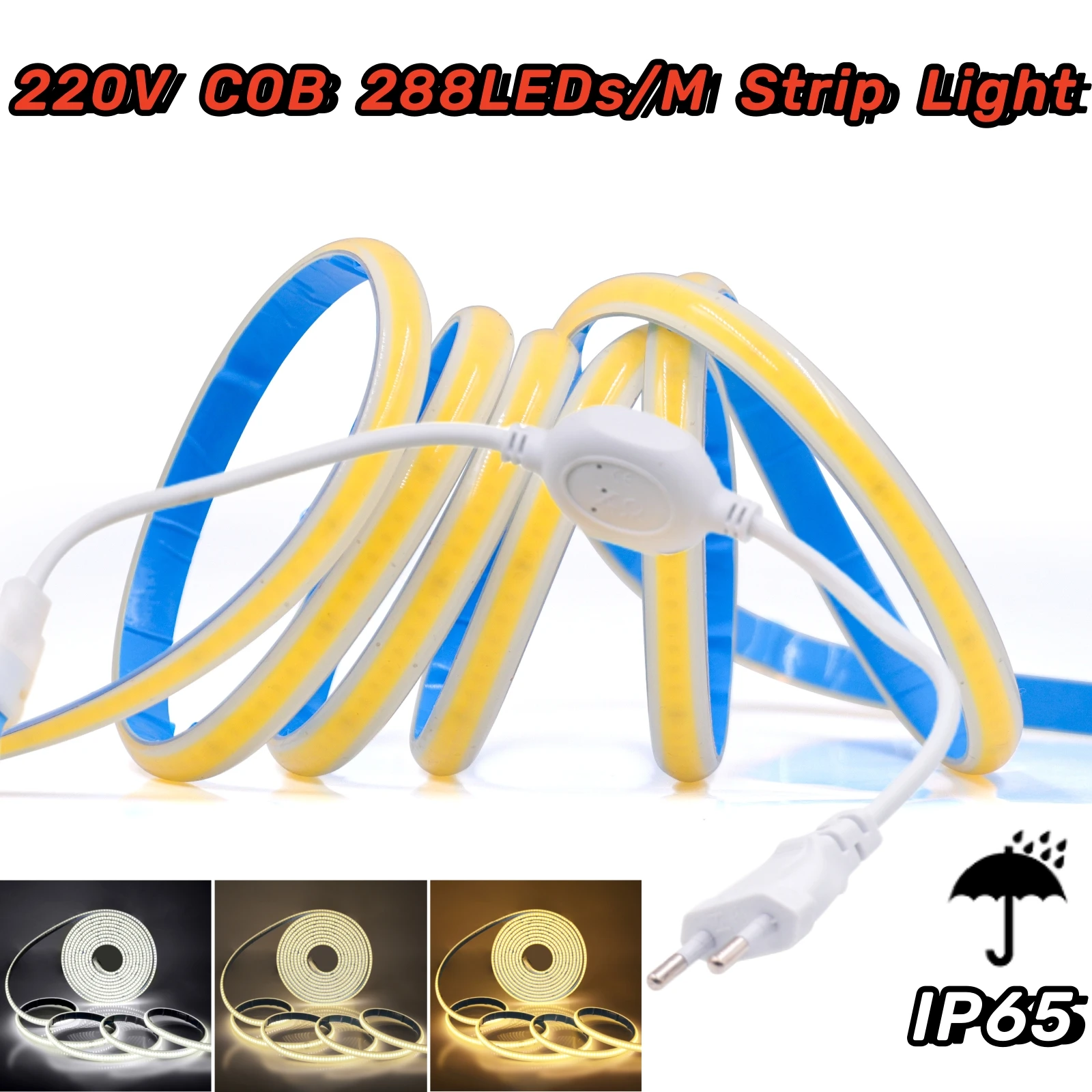 Светодиодная лента 220 В COB, IP65, 288 светодиодов/м, клейкая гибкая лента, Диодная, 3000K, 4000K, 6500K, RA90 FOB, линейная световая веревка, лампа европейского и британского стандарта